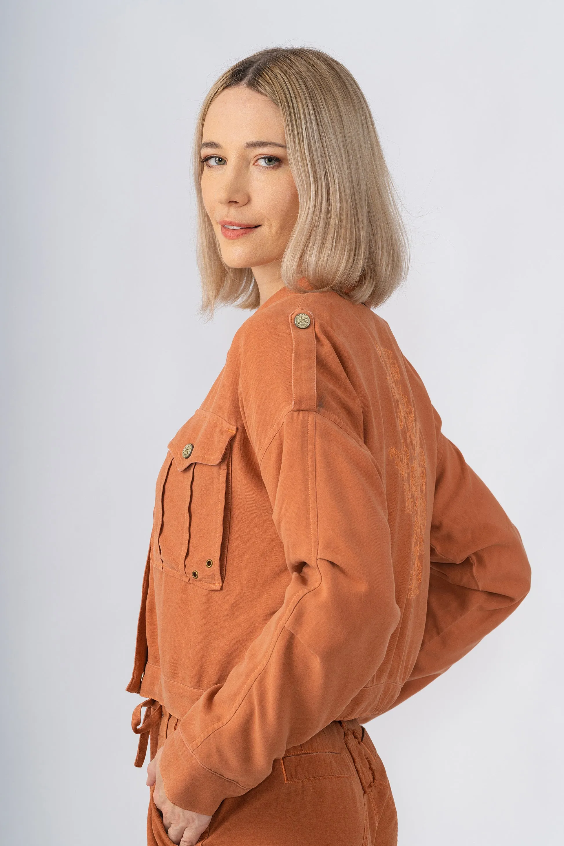 100% Silk crop lined jacket with embroidery in Toffee Brown