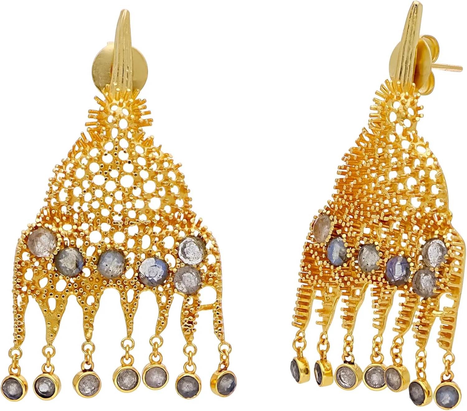 14K Gold Plated Filigree Cut-out Dangling Chandelier Earrings Gemstone Drop Earrings Lightweight Womens Dangle Earrings Labradorite Drop Earring
