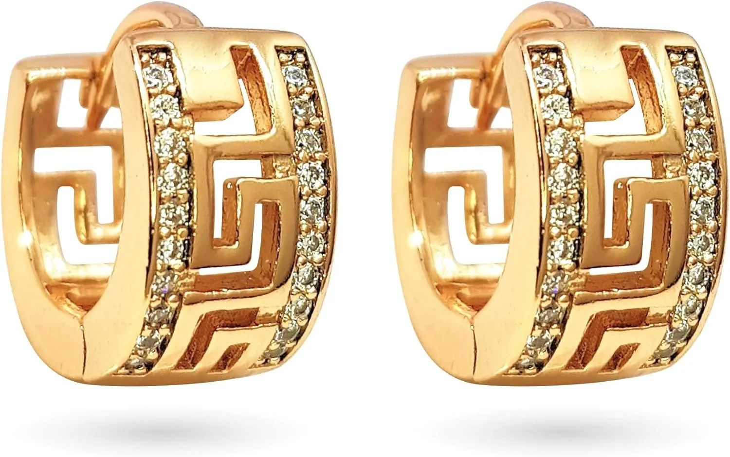 18K Gold Plated Greek Key Cubic Zirconia Huggie Hoop Earrings, Hypoallergenic Gold Huggie Hoop Earrings for Women
