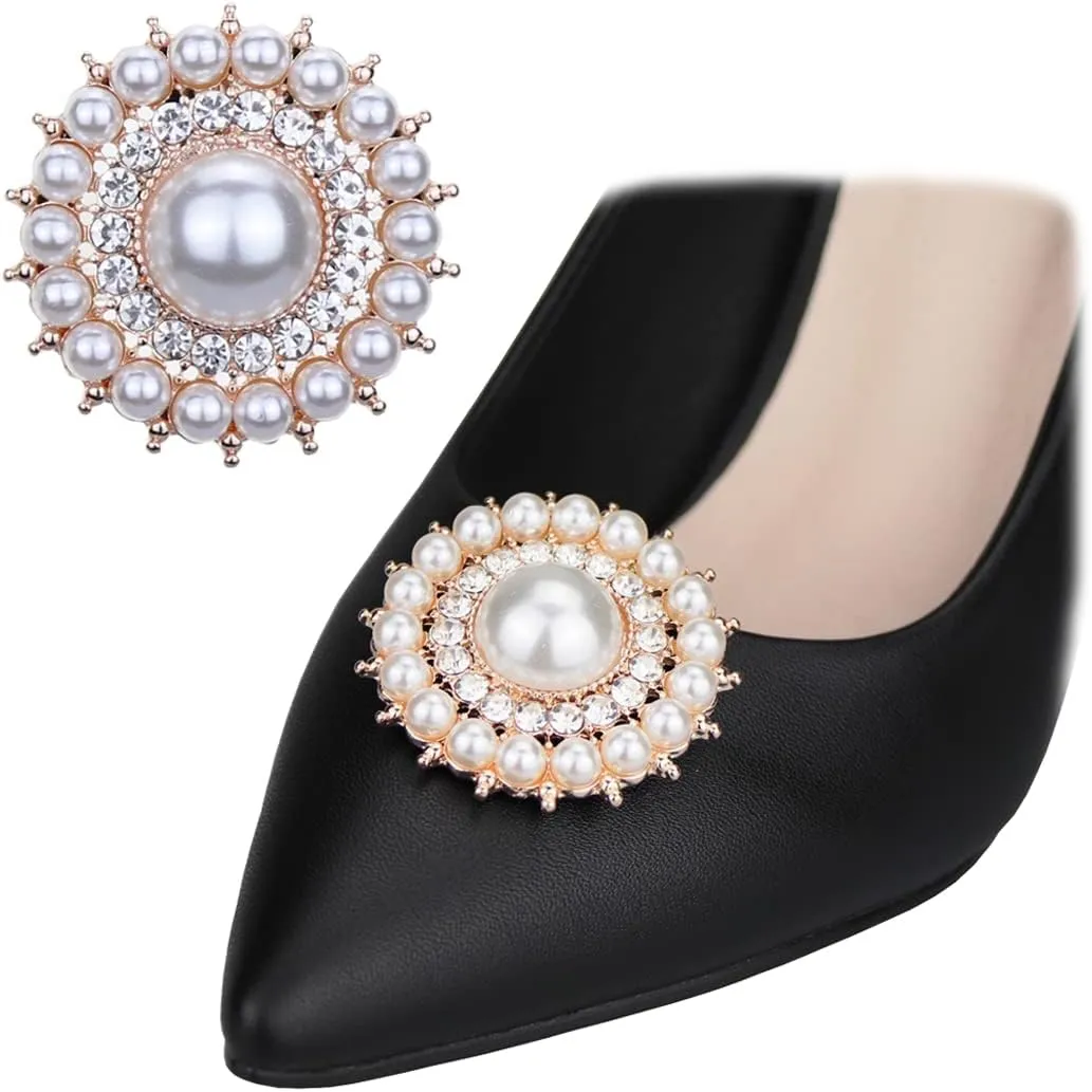 2 Pcs Round Pearls Shoe Clips Detachable Rhinestones Shoe Buckle Bling Shoe Decorations for Women Girls High Heels Pump Flats
