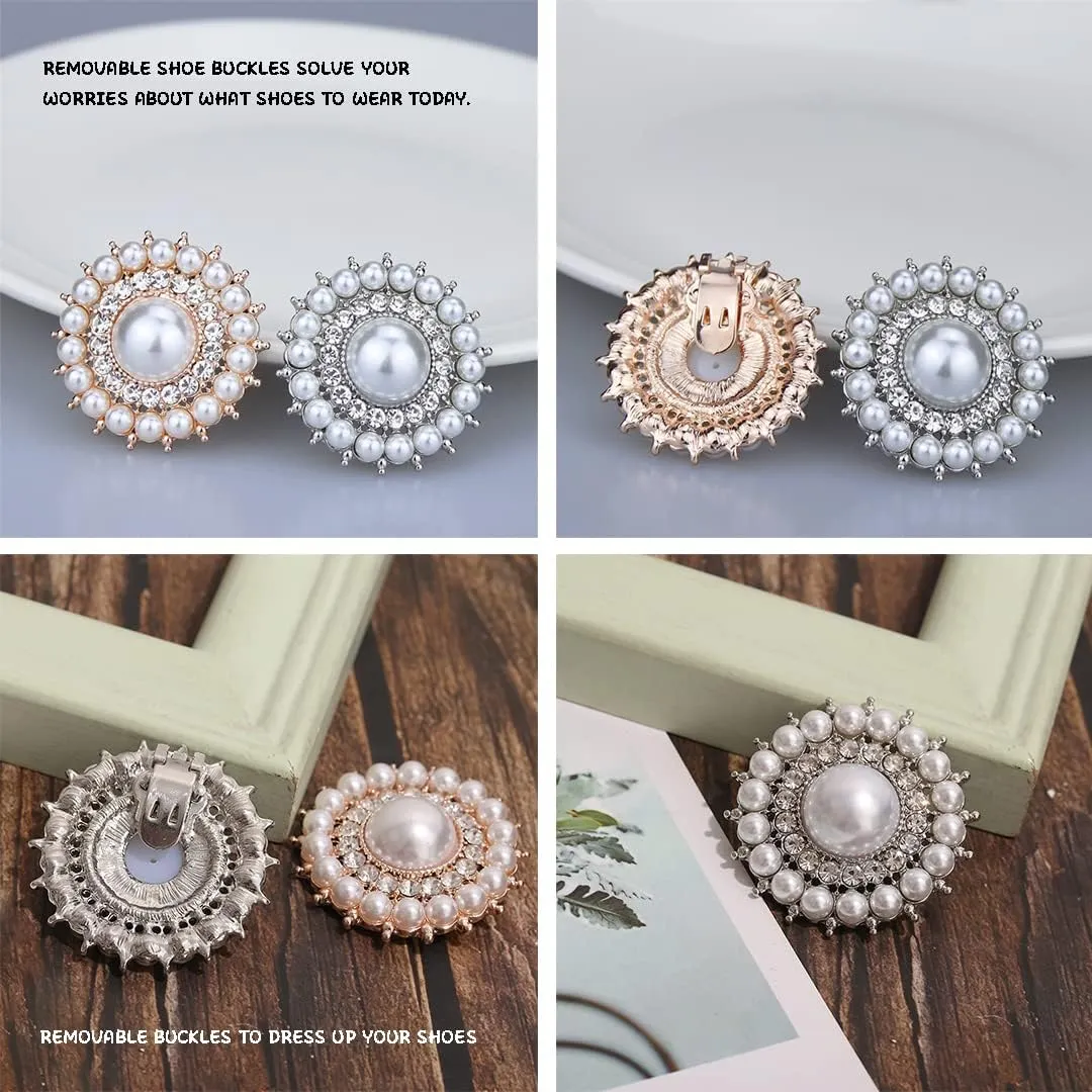 2 Pcs Round Pearls Shoe Clips Detachable Rhinestones Shoe Buckle Bling Shoe Decorations for Women Girls High Heels Pump Flats