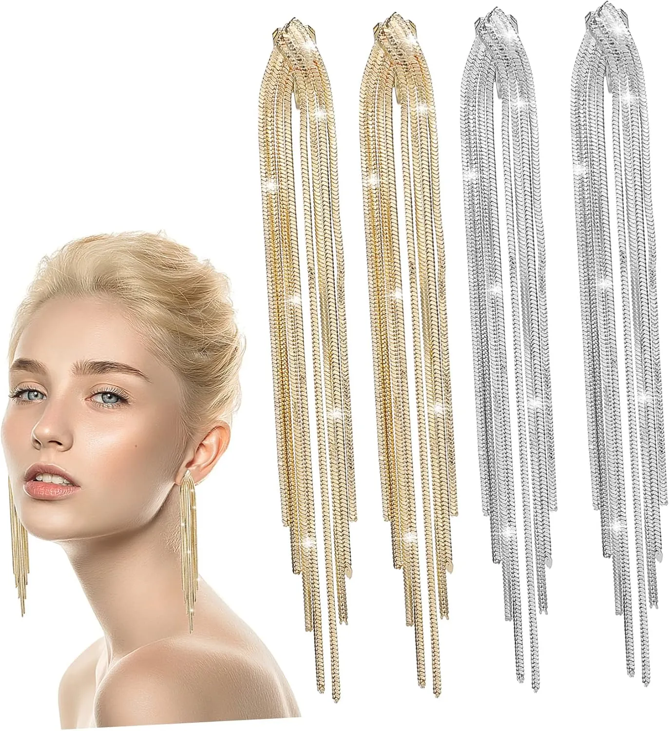 2pairs Tassel Clip Earrings for Women Elegant Dangle Chandelier Jewelry for Wedding Prom and Banquet Events
