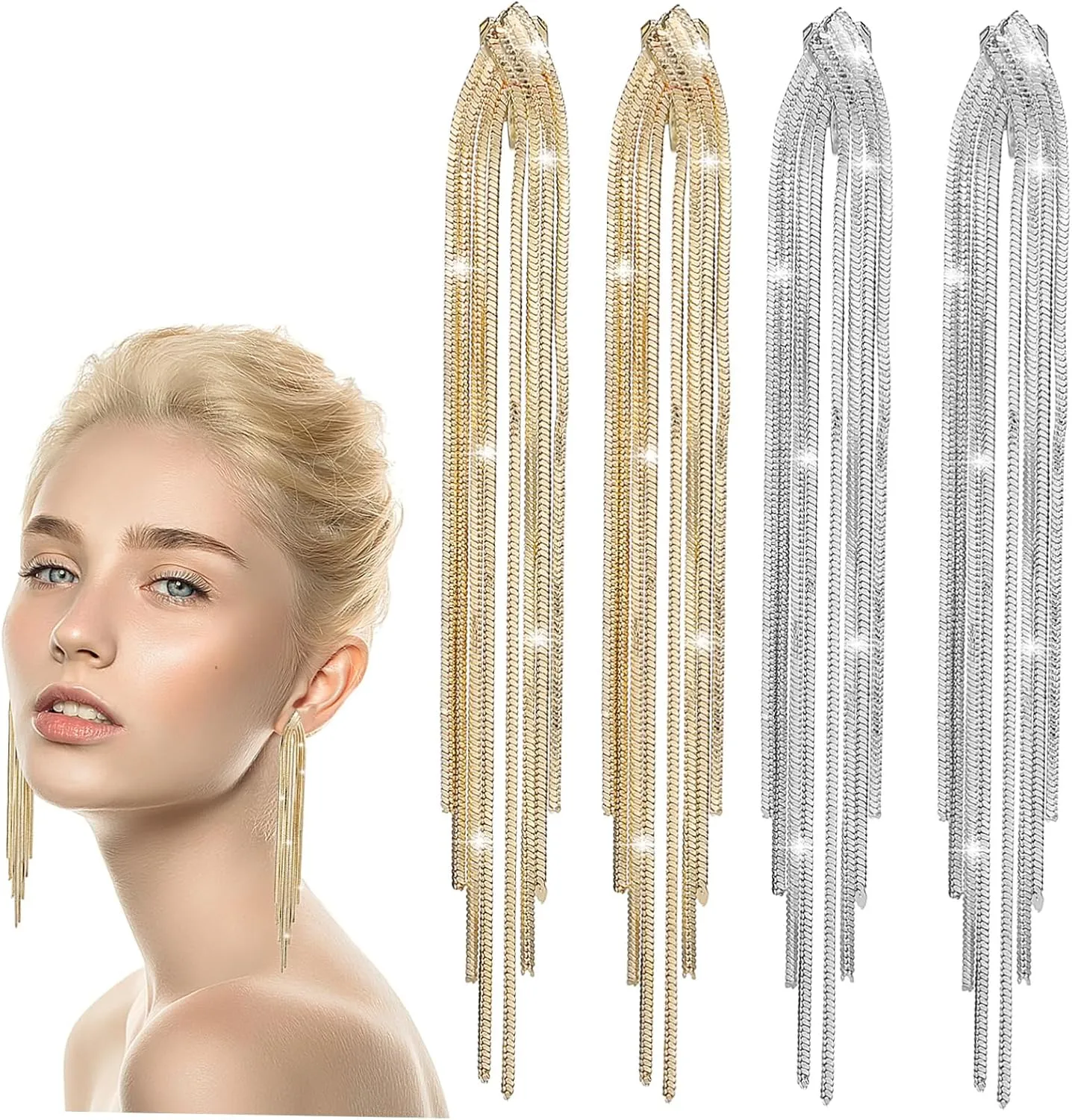 2pairs Tassel Drop Earrings for Women Clip Chandelier Earrings Elegant Design for Wedding Prom Banquet Lightweight Chic Accessories
