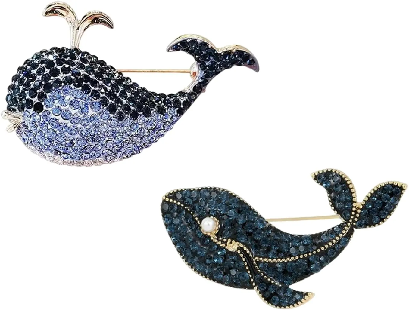 2Pcs Blue Whale Rhinestone Brooch Cute Pearl Crystal Brooches and Pins for Women Gold brooch Fashion Jewelry for Women Gift