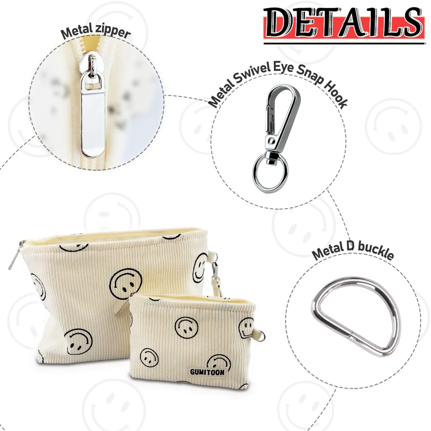 2pcs Cosmetic Bags,makeup bag for women,aesthetic organizer toiletry bags,travel essentials,travel size toiletries,a small make up bag and a big make up bag(smiley face bag)