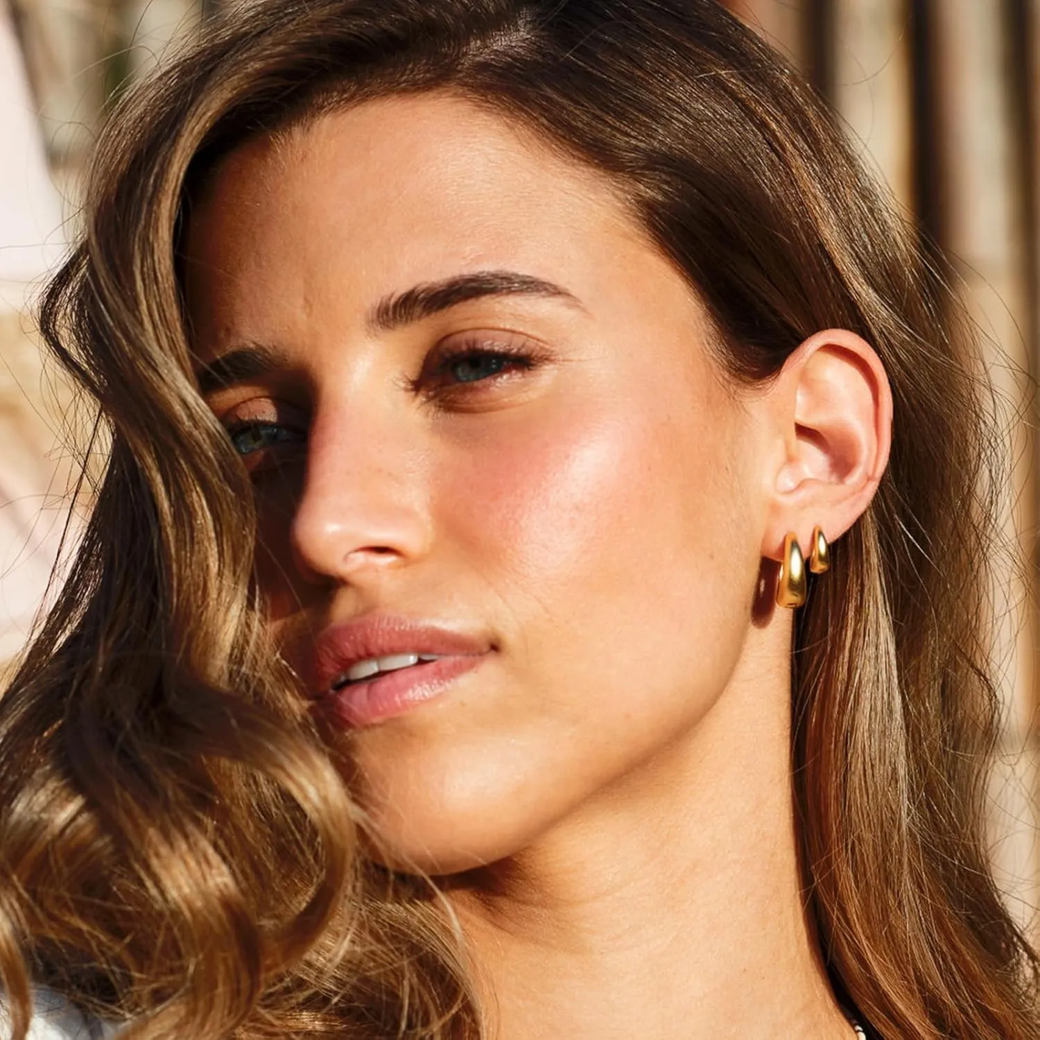 3 Pairs Huggie Hoop Earrings, 14K Gold Plated Sterling Silver Posts Chunky Hoop Earrings for Women, Thick Lightweight Trendy Gold Hoops