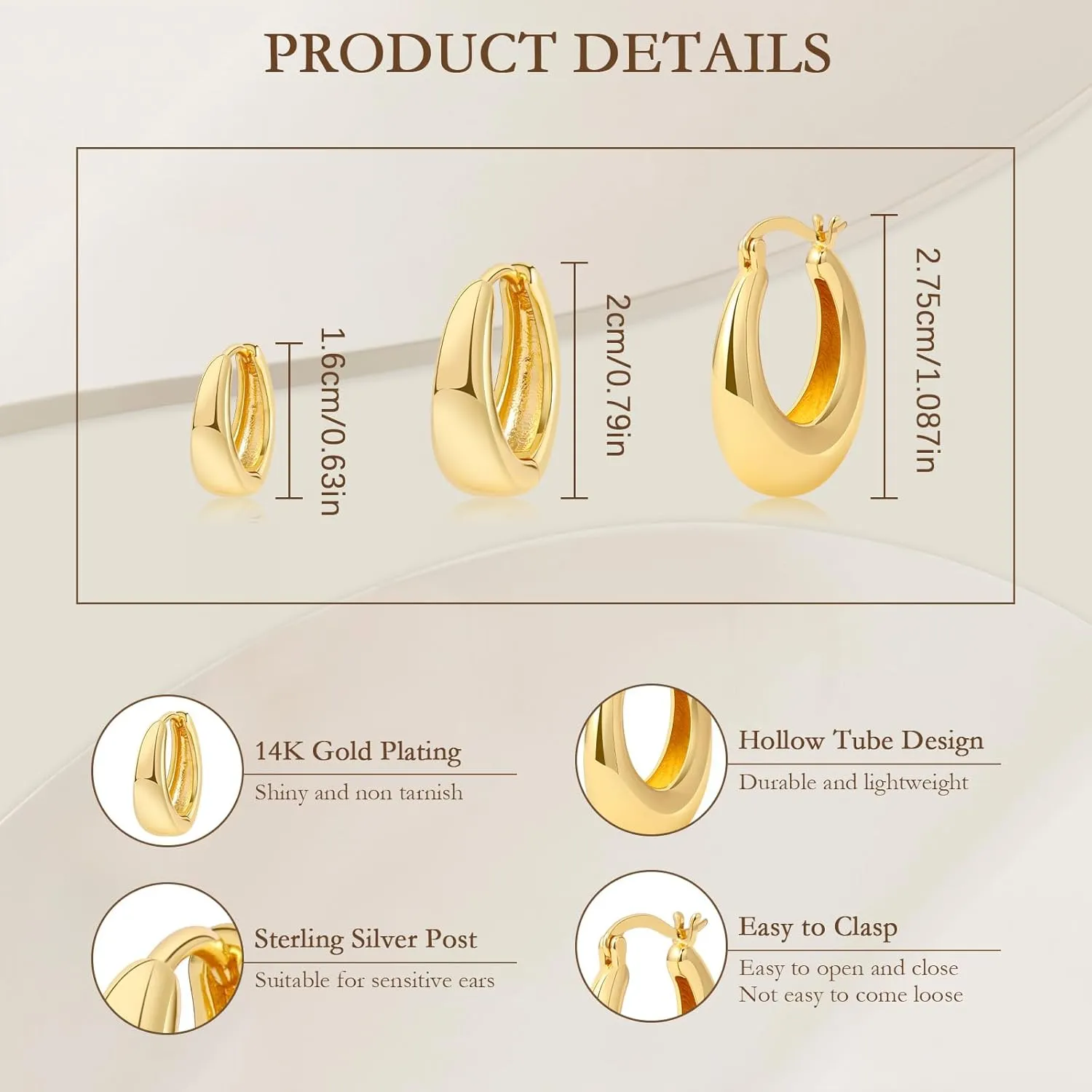 3 Pairs Huggie Hoop Earrings, 14K Gold Plated Sterling Silver Posts Chunky Hoop Earrings for Women, Thick Lightweight Trendy Gold Hoops
