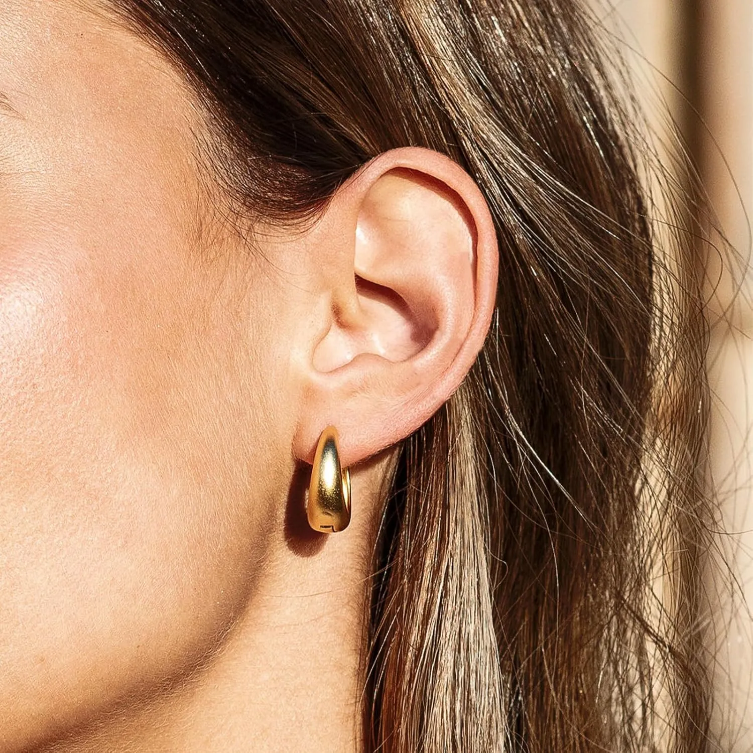 3 Pairs Huggie Hoop Earrings, 14K Gold Plated Sterling Silver Posts Chunky Hoop Earrings for Women, Thick Lightweight Trendy Gold Hoops