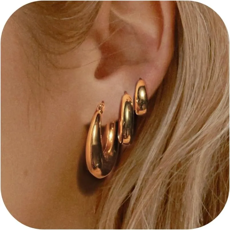3 Pairs Huggie Hoop Earrings, 14K Gold Plated Sterling Silver Posts Chunky Hoop Earrings for Women, Thick Lightweight Trendy Gold Hoops