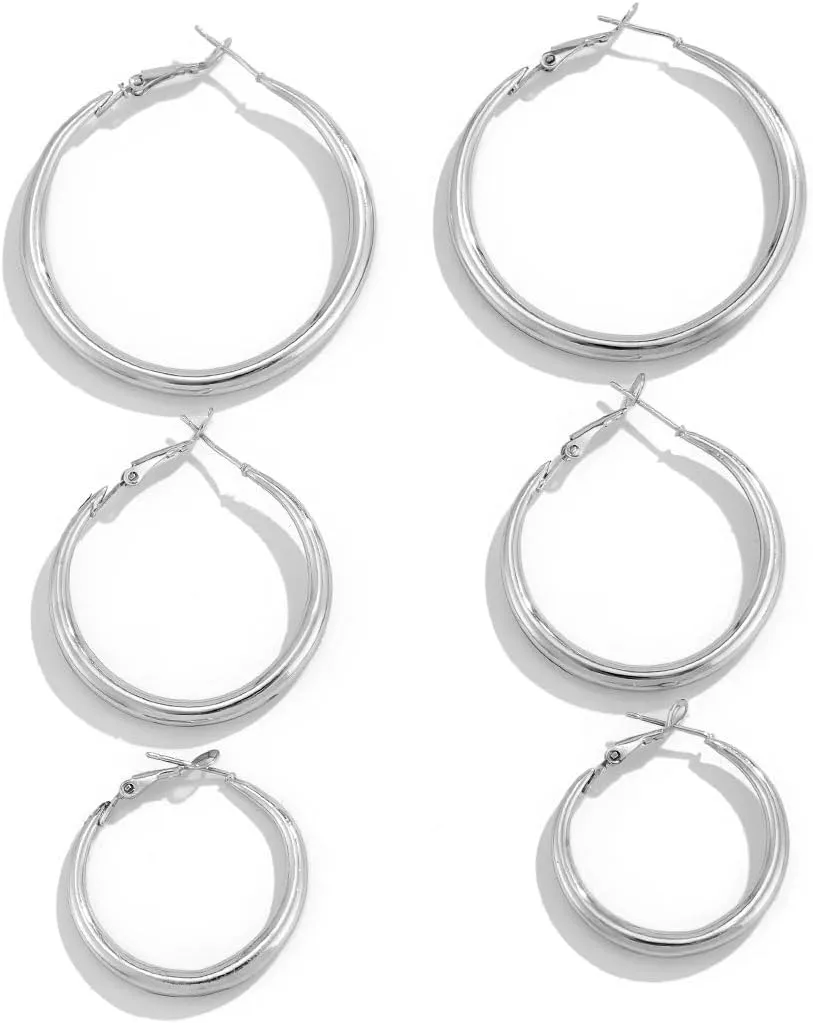3Pair Gold Hoop Earrings for Women | 14K Gold Plated Hoop Earrings Set Hypoallergenic Earring Lightweight Dangle Earrings Set (silver hoop)