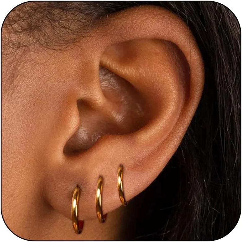 3Pairs Small Gold Huggie Hoop Earrings for Women Stainless Steel Cartilage Earring Stud Helix Conch Triple Lobe Piercings Jewelry Gift