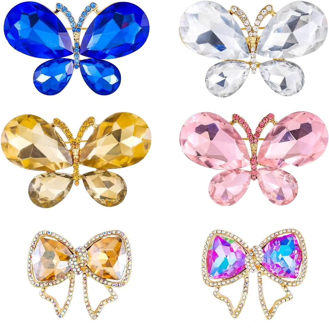 6 Pcs Women Brooch Bulk Set Crystal Rhiestones Butterfly Brooch Pins Elegant Bow Knot Brooch for Women Dress Party Wedding