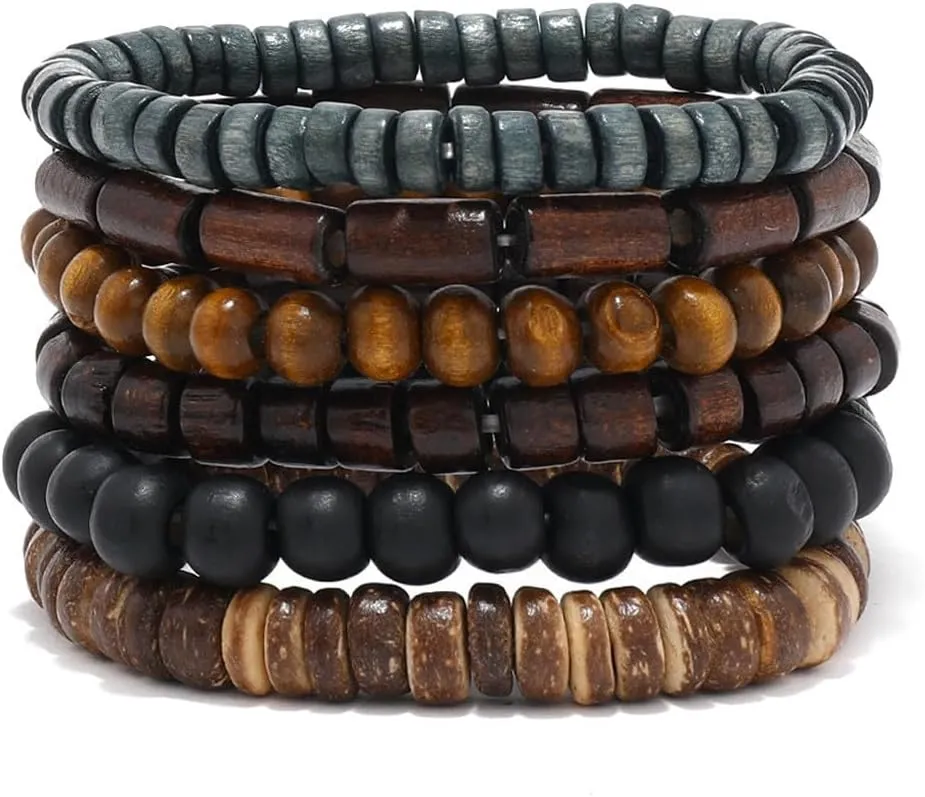 6 Piece Multi-Color StackWooden Beaded Bracelets Set Bangle for Men and Women Elastic