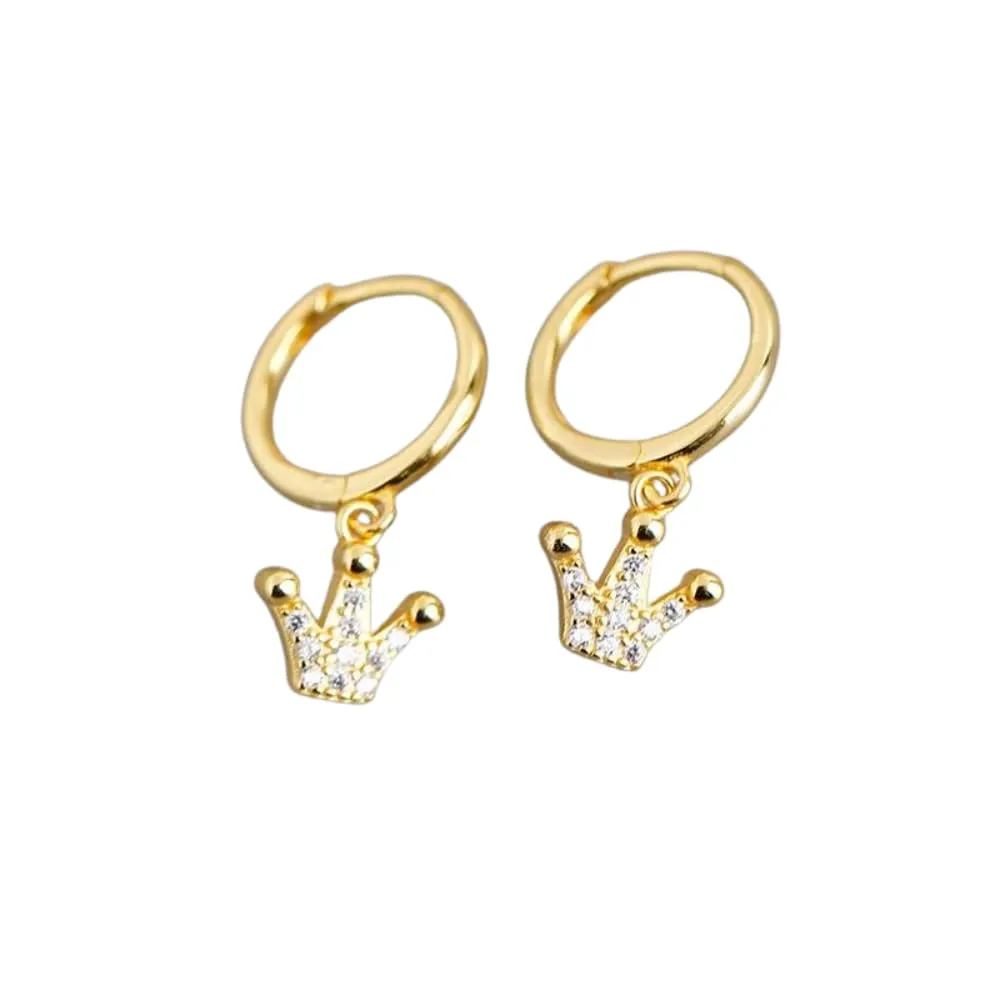 925 Sterling Silver diamond drop small crown earrings gold plated hoop earrings for women (gold)