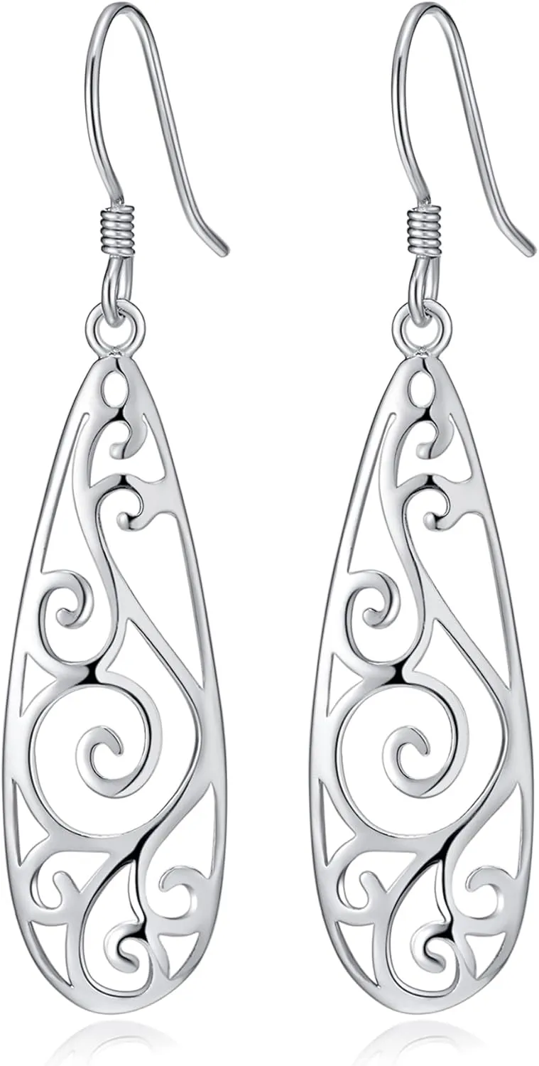 925 Sterling Silver Drop Earrings for Women Linear Swirl Wire Earrings Hypoallergenic Silver Dangle Earrings Boho Dangly Earrings Designer Silver Statement Earrings