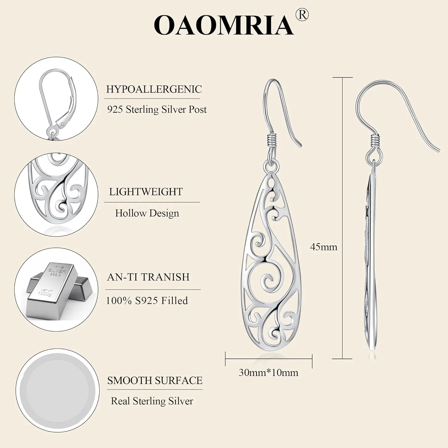 925 Sterling Silver Drop Earrings for Women Linear Swirl Wire Earrings Hypoallergenic Silver Dangle Earrings Boho Dangly Earrings Designer Silver Statement Earrings