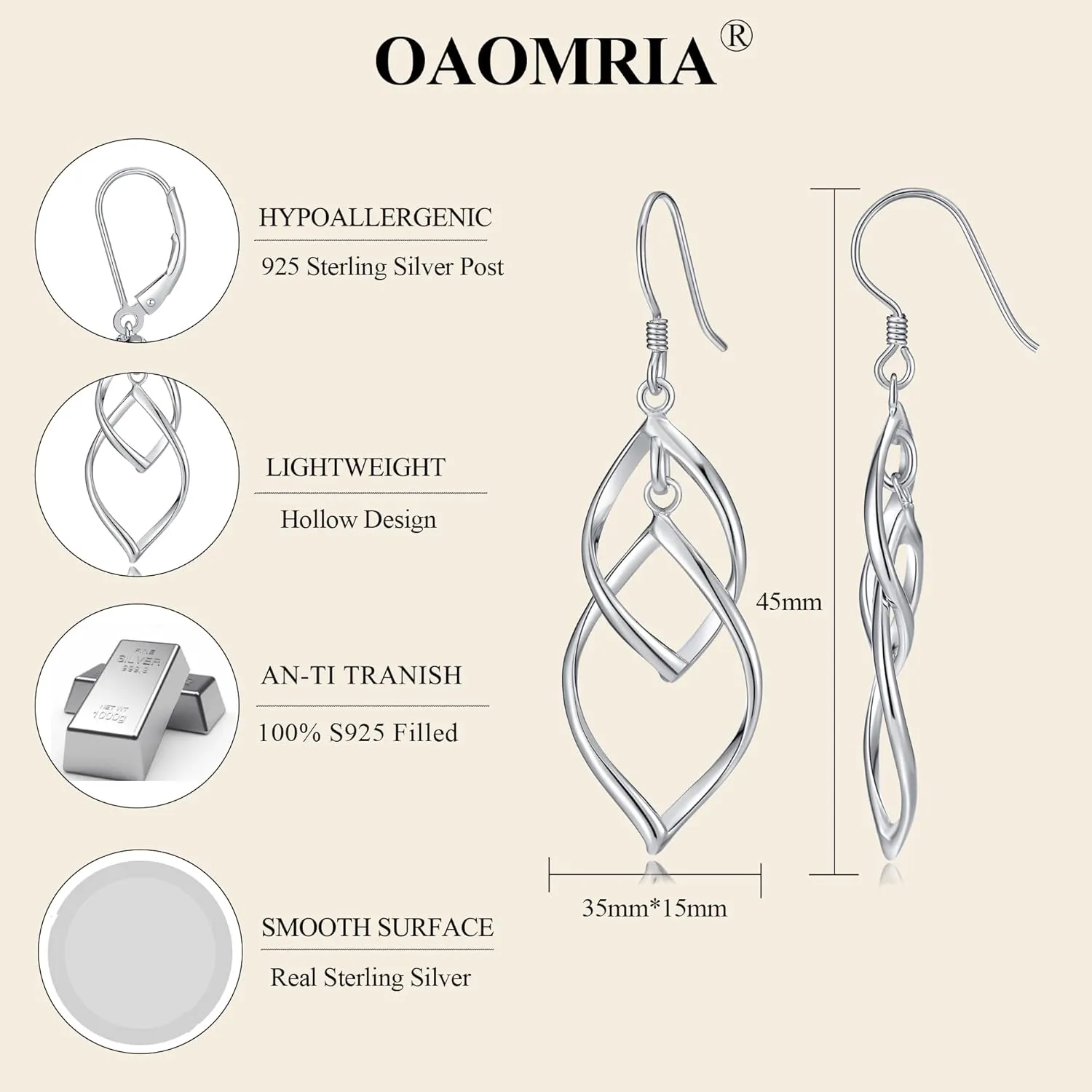 925 Sterling Silver Drop Earrings for Women Linear Swirl Wire Earrings Hypoallergenic Silver Dangle Earrings Boho Dangly Earrings Designer Silver Statement Earrings