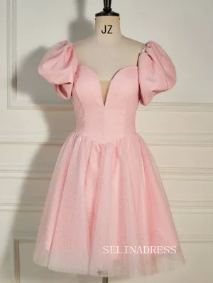 A-line Balloon Sleeves Pink Short Party Dress with Dot SEA004