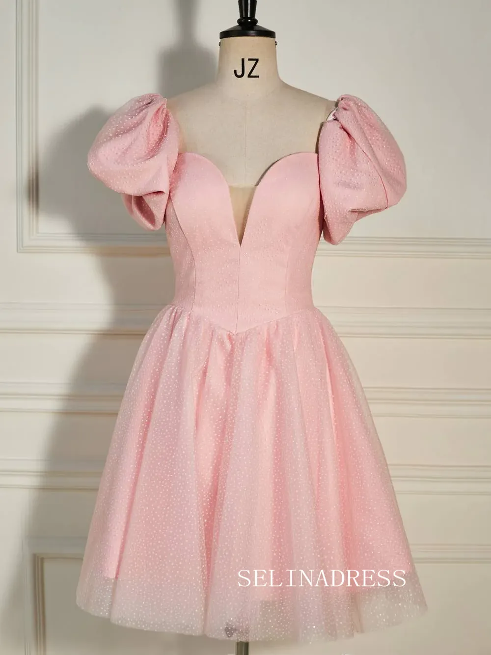 A-line Balloon Sleeves Pink Short Party Dress with Dot SEA004