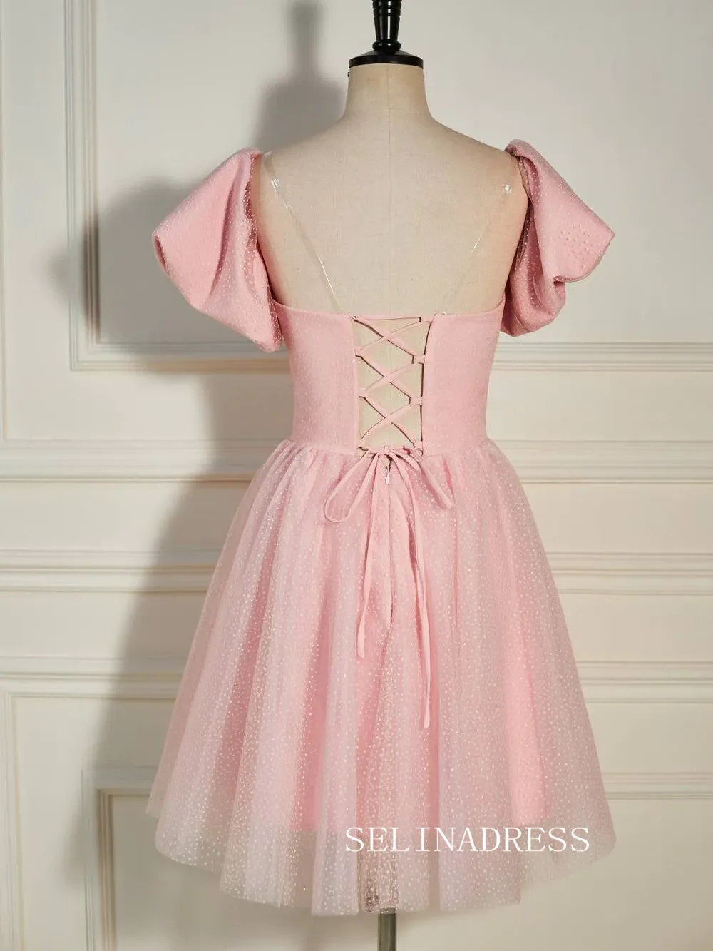 A-line Balloon Sleeves Pink Short Party Dress with Dot SEA004