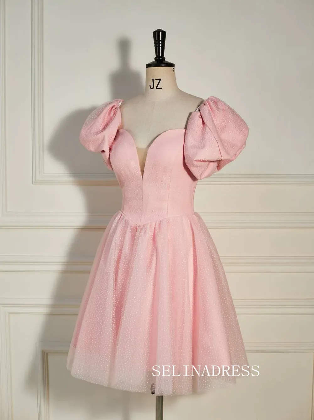 A-line Balloon Sleeves Pink Short Party Dress with Dot SEA004