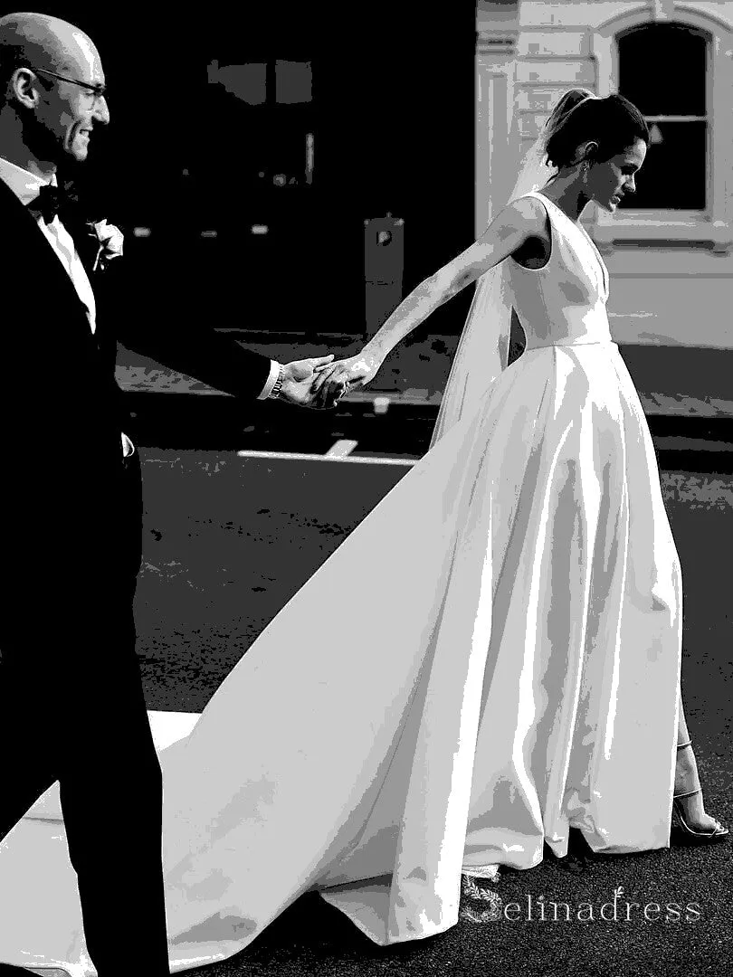 A-line Deep V neck Thigh Split Satin Wedding Dresses Bridal Gowns CBD092