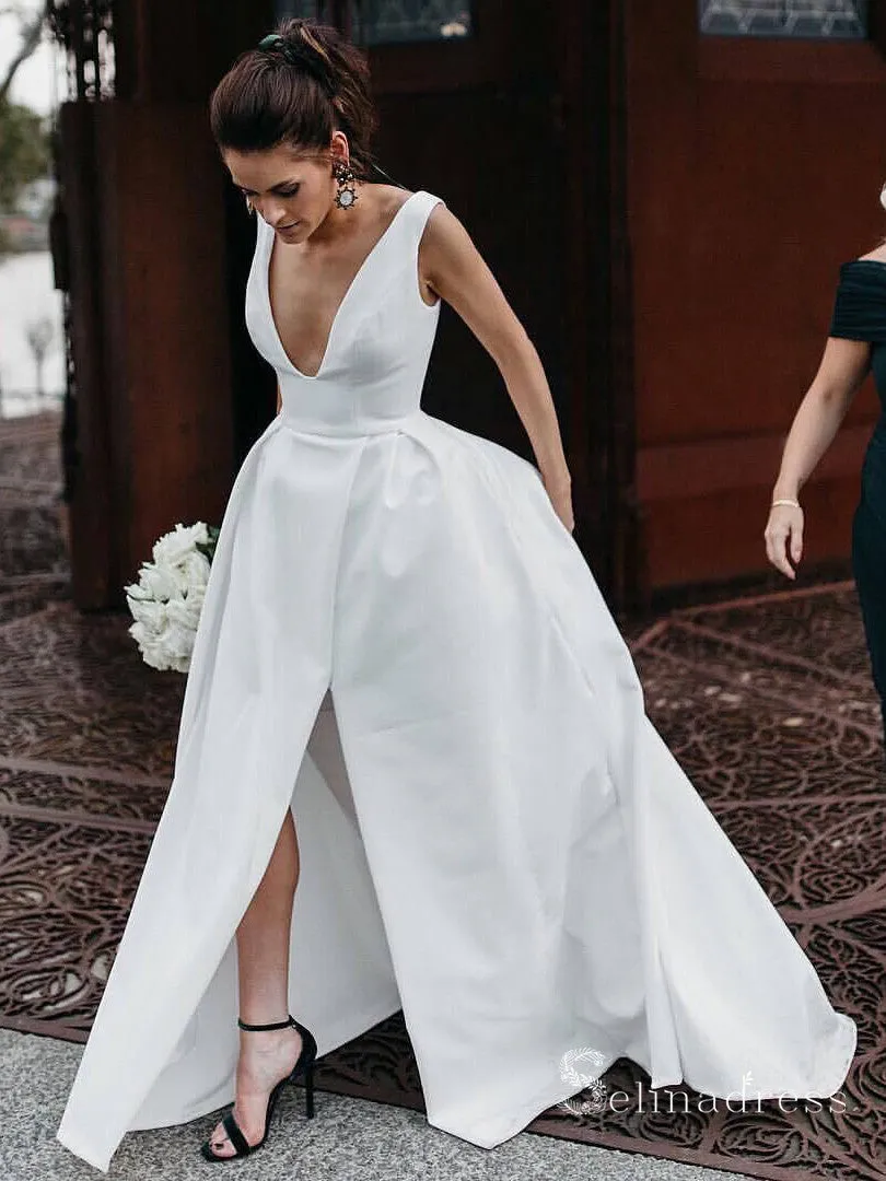 A-line Deep V neck Thigh Split Satin Wedding Dresses Bridal Gowns CBD092