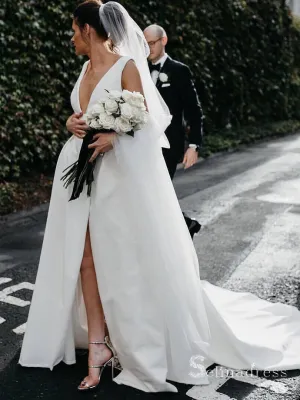 A-line Deep V neck Thigh Split Satin Wedding Dresses Bridal Gowns CBD092