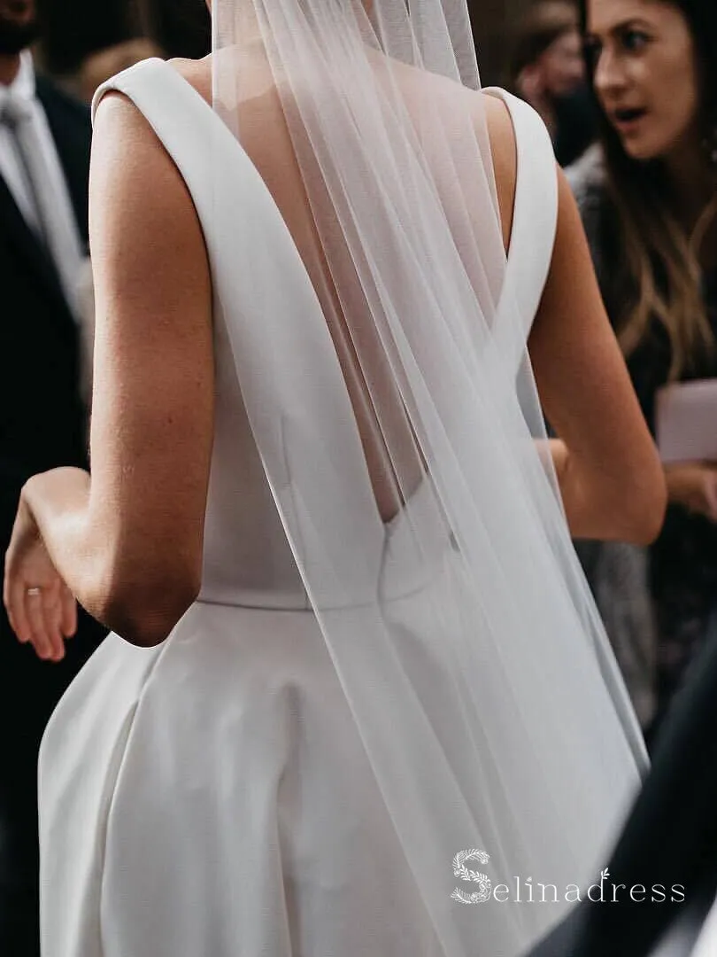 A-line Deep V neck Thigh Split Satin Wedding Dresses Bridal Gowns CBD092
