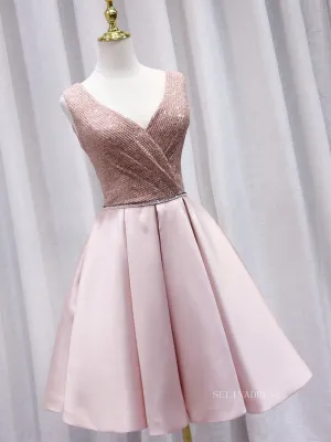 A-line V neck Pink Cute Homecoming Dress Sequins Short Prom Dresses EDS024