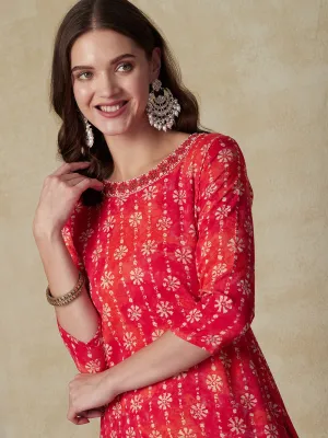 Abstract Tie-Dye Printed Mirror & Stones Embroidered kurta - Pink