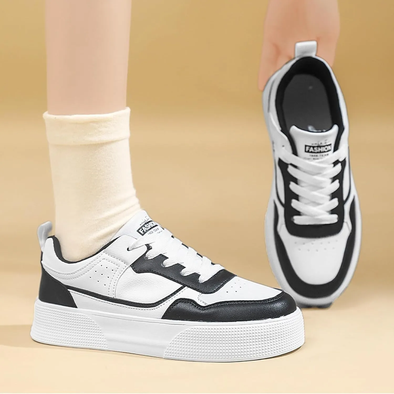 Aceptolcom Women's Walking Skateboard Shoes Sneakers Leather Flat Low-Top Lace-up Comfortable Casual Athletic Non-Slip Fashion Sneakers Tennis Shoes