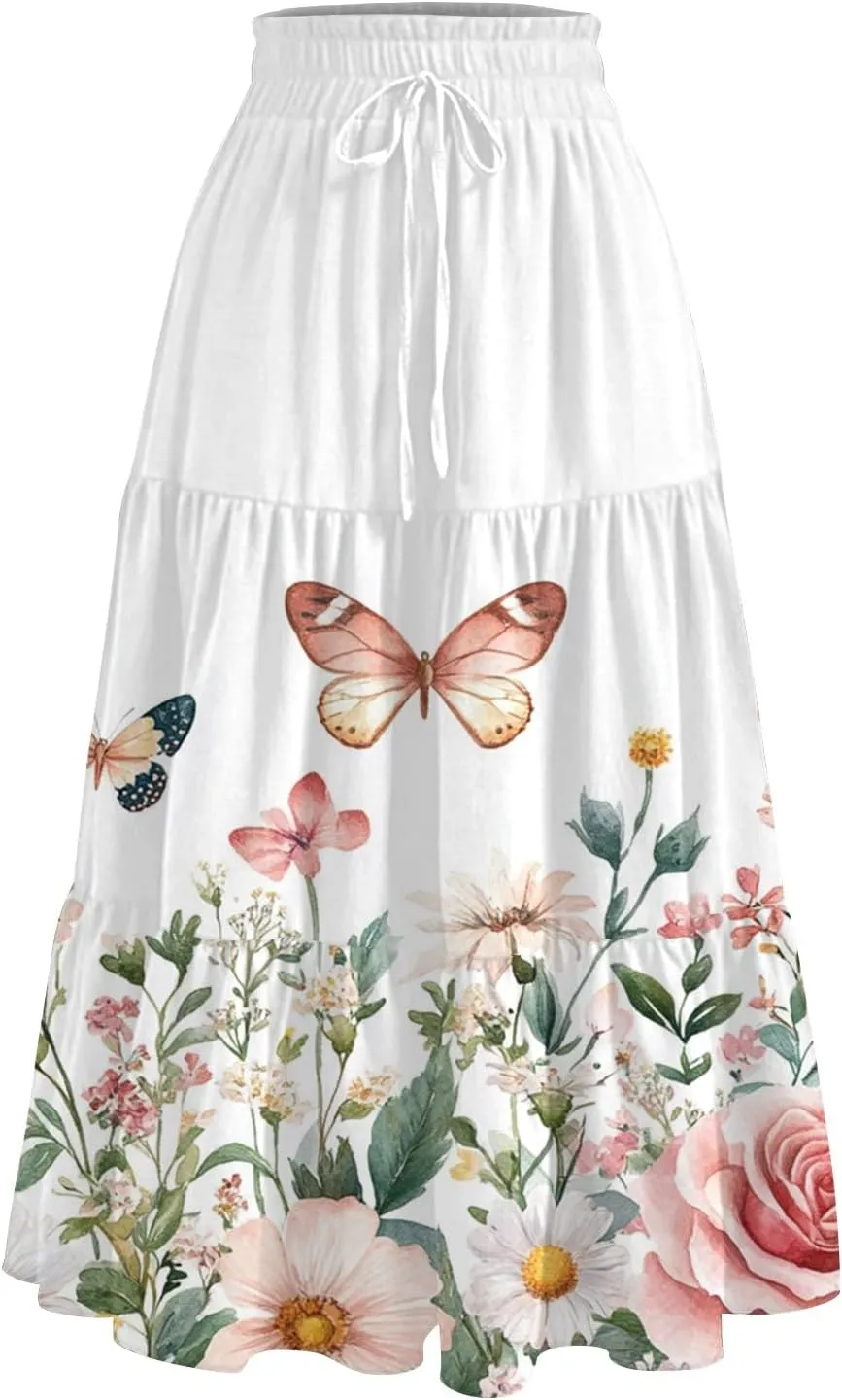 ADHOWBEW Long Skirts for Women Vacation African Beach Smocked Floral Print Elastic Waist Trendy Skirts