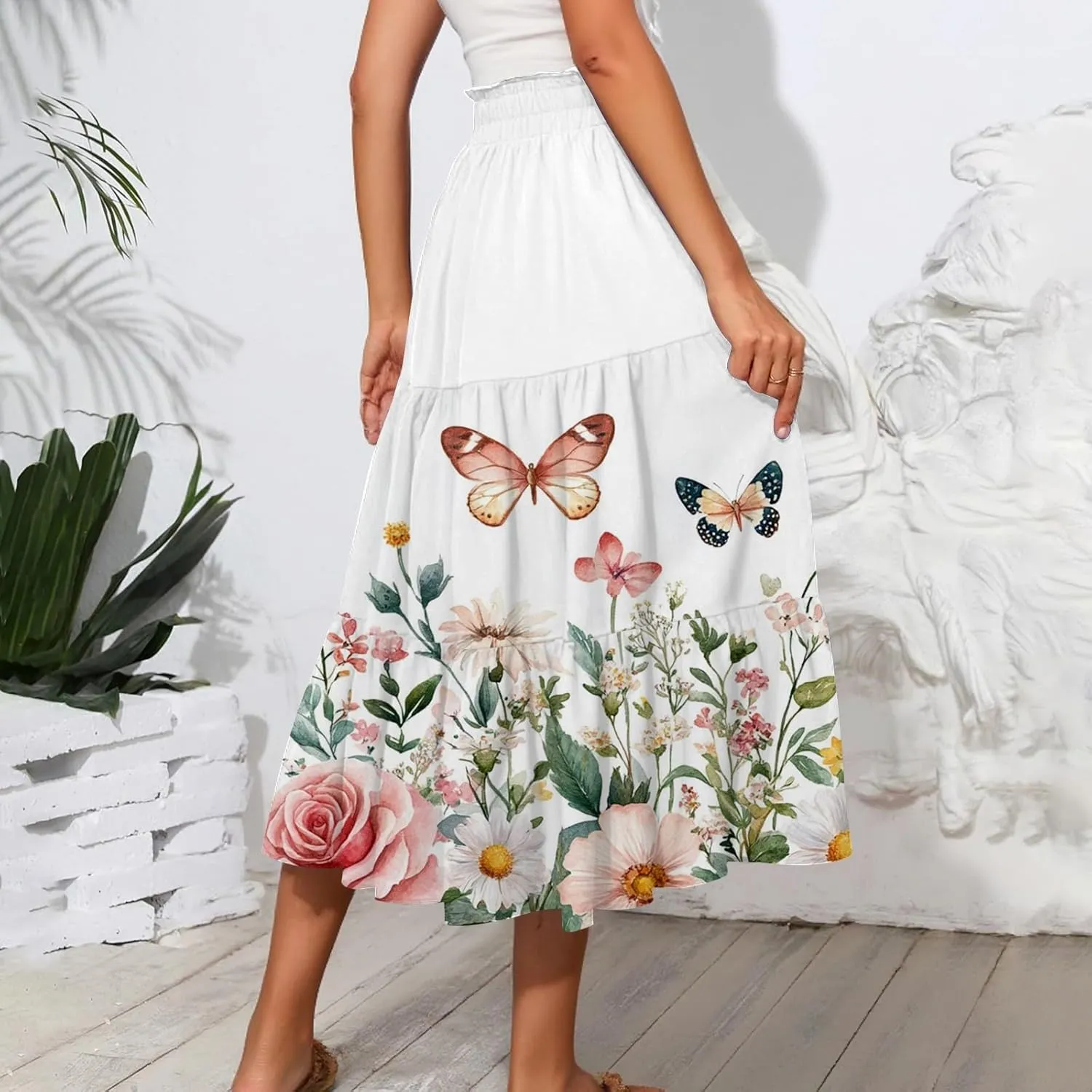 ADHOWBEW Long Skirts for Women Vacation African Beach Smocked Floral Print Elastic Waist Trendy Skirts