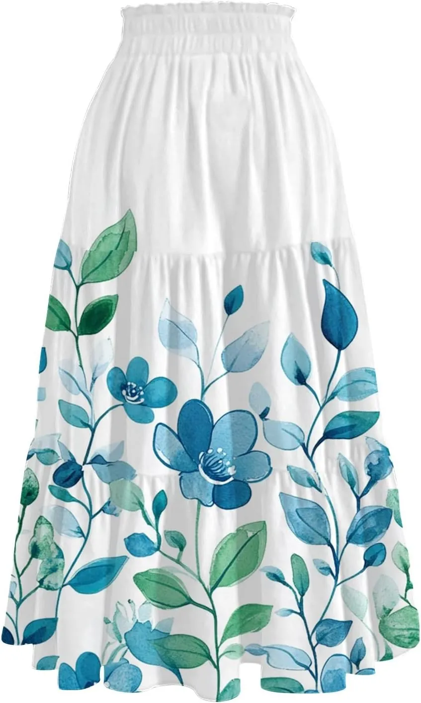 ADHOWBEW Long Skirts for Women Vacation African Beach Smocked Floral Print Elastic Waist Trendy Skirts