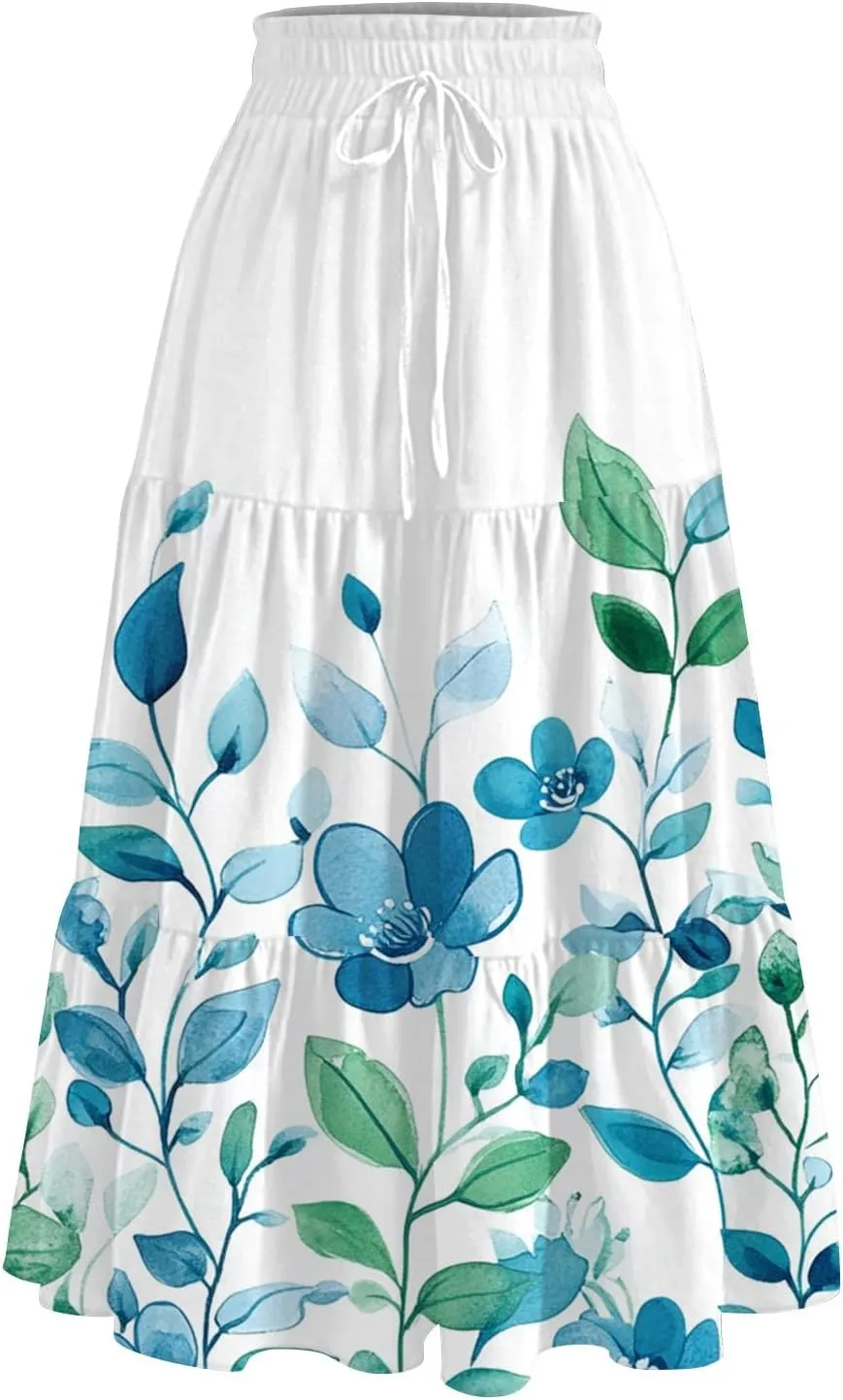 ADHOWBEW Long Skirts for Women Vacation African Beach Smocked Floral Print Elastic Waist Trendy Skirts