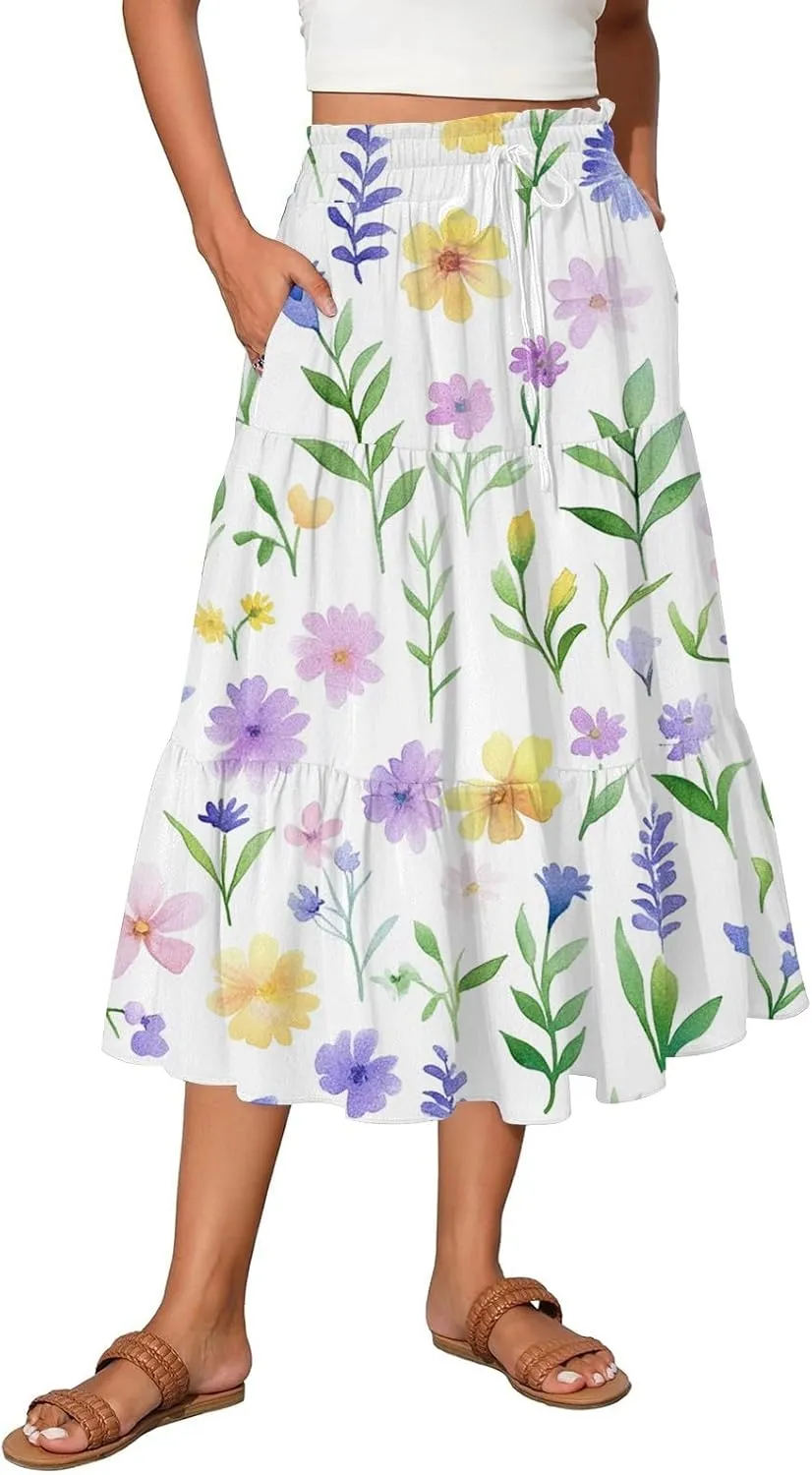 ADHOWBEW Long Skirts for Women Vacation African Beach Smocked Floral Print Elastic Waist Trendy Skirts