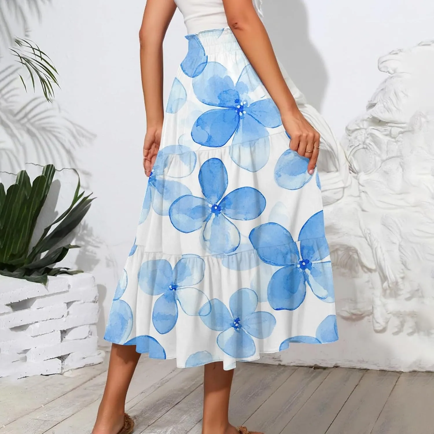 ADHOWBEW Long Skirts for Women Vacation African Beach Smocked Floral Print Elastic Waist Trendy Skirts