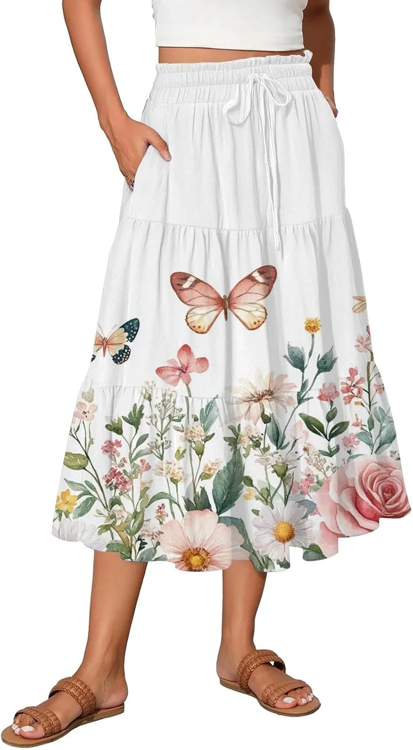 ADHOWBEW Long Skirts for Women Vacation African Beach Smocked Floral Print Elastic Waist Trendy Skirts