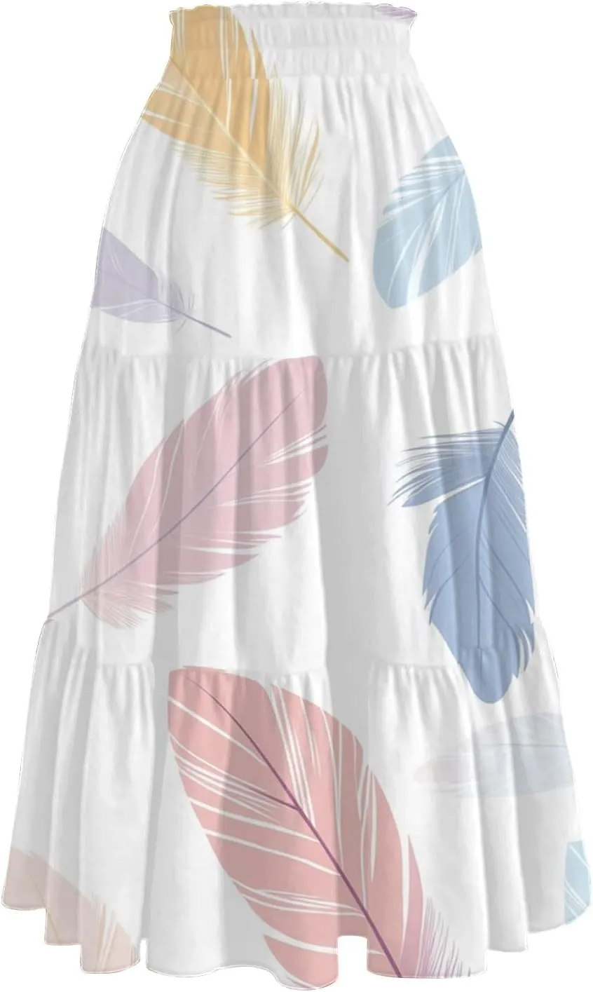 ADHOWBEW Long Skirts for Women Vacation African Beach Smocked Floral Print Elastic Waist Trendy Skirts