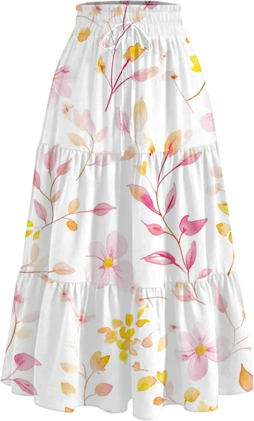 ADHOWBEW Long Skirts for Women Vacation African Beach Smocked Floral Print Elastic Waist Trendy Skirts
