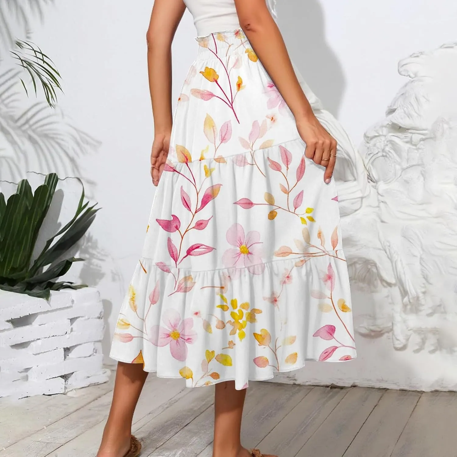 ADHOWBEW Long Skirts for Women Vacation African Beach Smocked Floral Print Elastic Waist Trendy Skirts