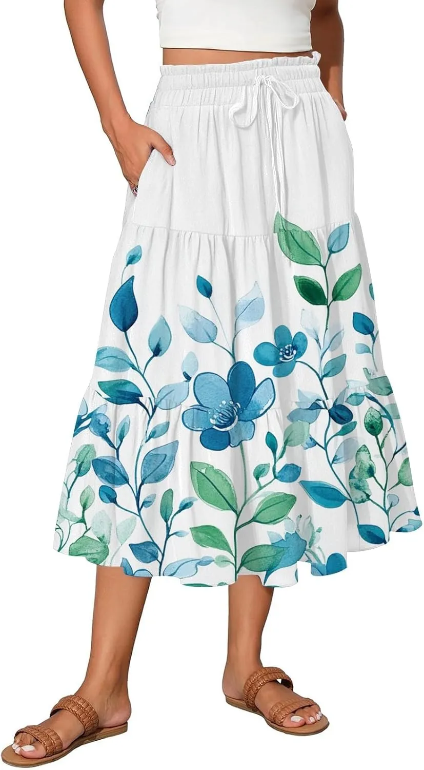 ADHOWBEW Long Skirts for Women Vacation African Beach Smocked Floral Print Elastic Waist Trendy Skirts