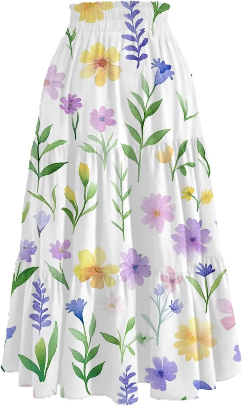 ADHOWBEW Long Skirts for Women Vacation African Beach Smocked Floral Print Elastic Waist Trendy Skirts