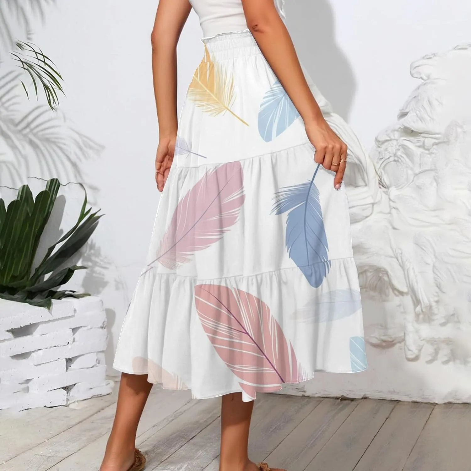 ADHOWBEW Long Skirts for Women Vacation African Beach Smocked Floral Print Elastic Waist Trendy Skirts