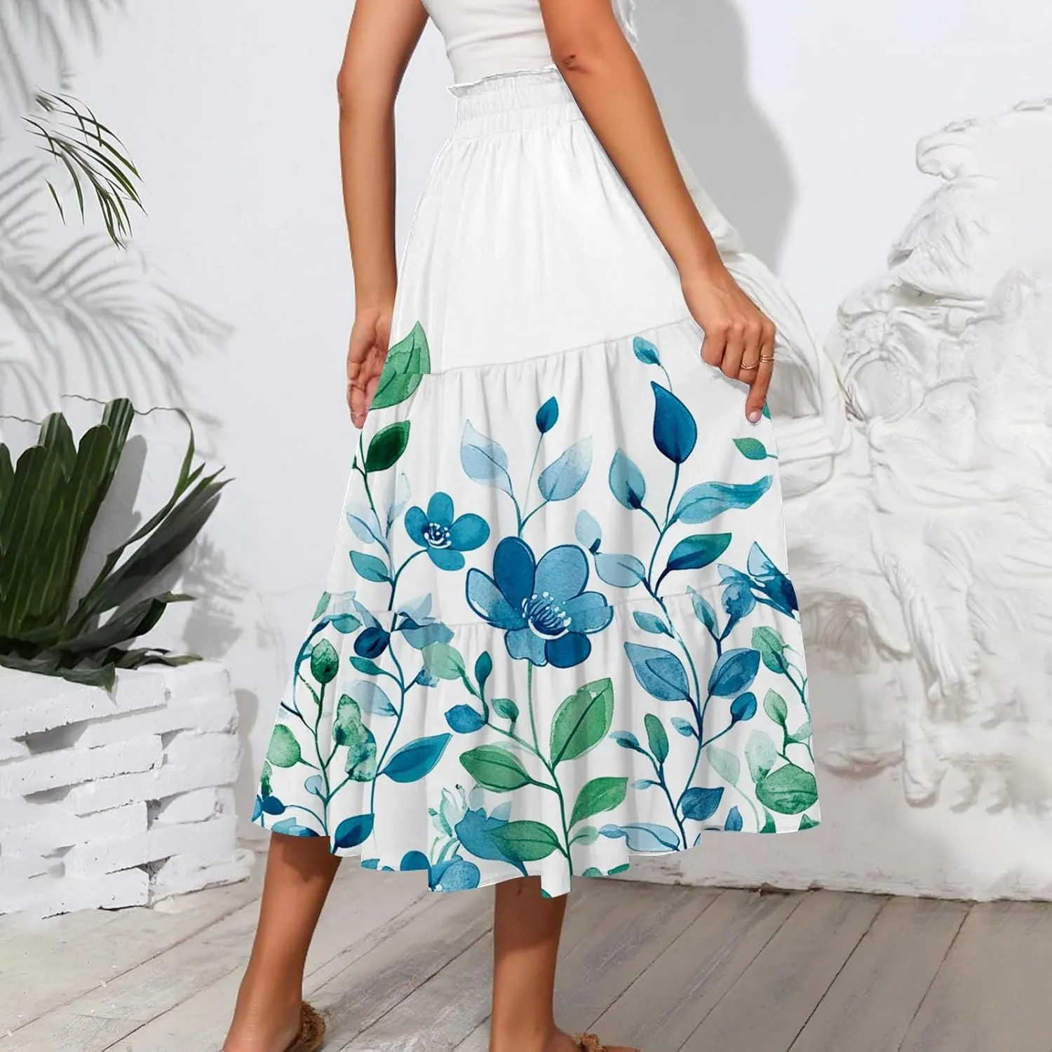ADHOWBEW Long Skirts for Women Vacation African Beach Smocked Floral Print Elastic Waist Trendy Skirts