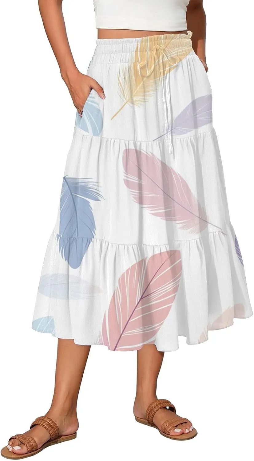 ADHOWBEW Long Skirts for Women Vacation African Beach Smocked Floral Print Elastic Waist Trendy Skirts