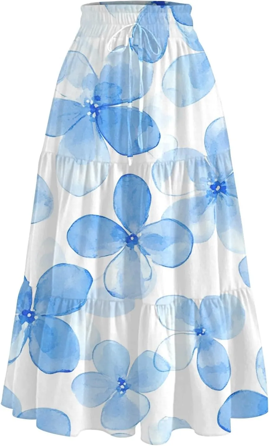 ADHOWBEW Long Skirts for Women Vacation African Beach Smocked Floral Print Elastic Waist Trendy Skirts