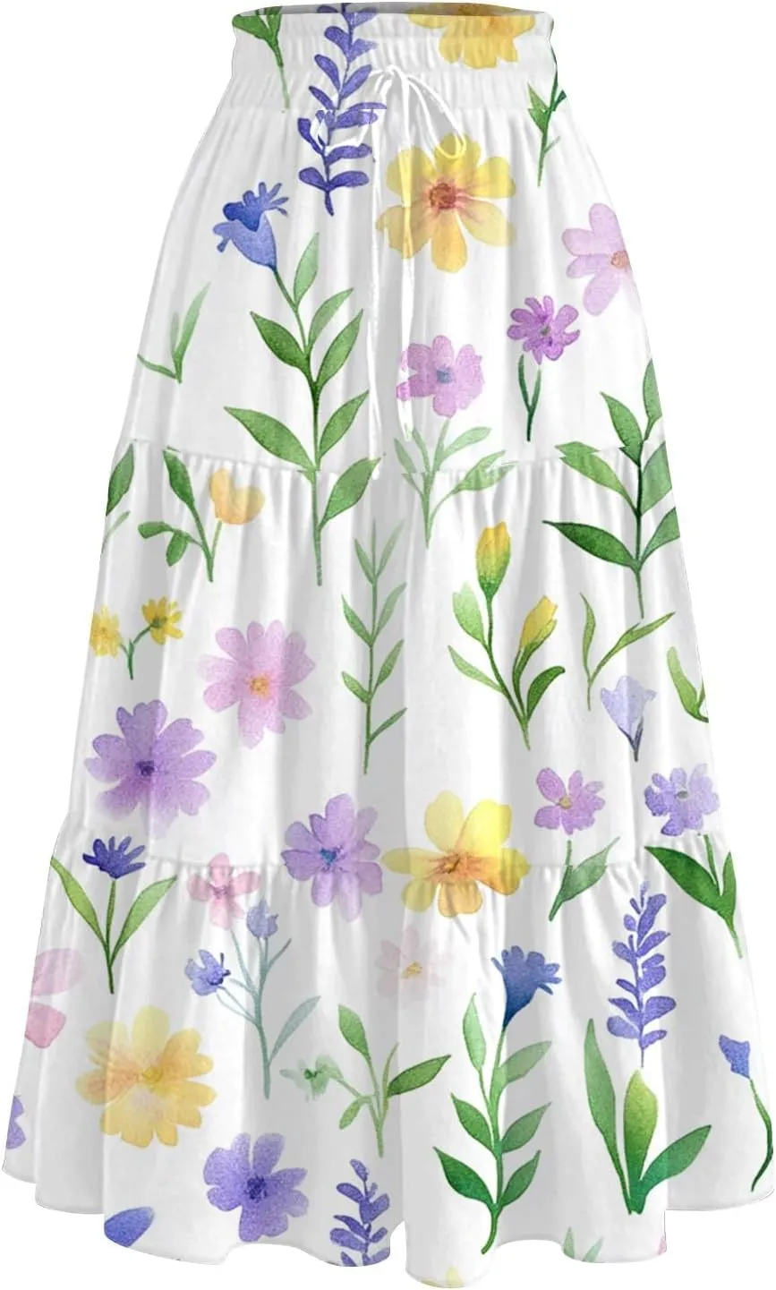 ADHOWBEW Long Skirts for Women Vacation African Beach Smocked Floral Print Elastic Waist Trendy Skirts
