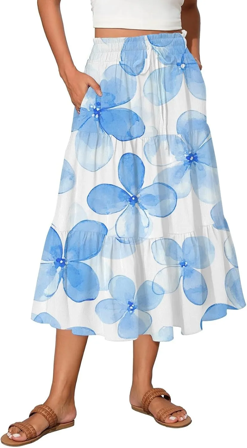 ADHOWBEW Long Skirts for Women Vacation African Beach Smocked Floral Print Elastic Waist Trendy Skirts
